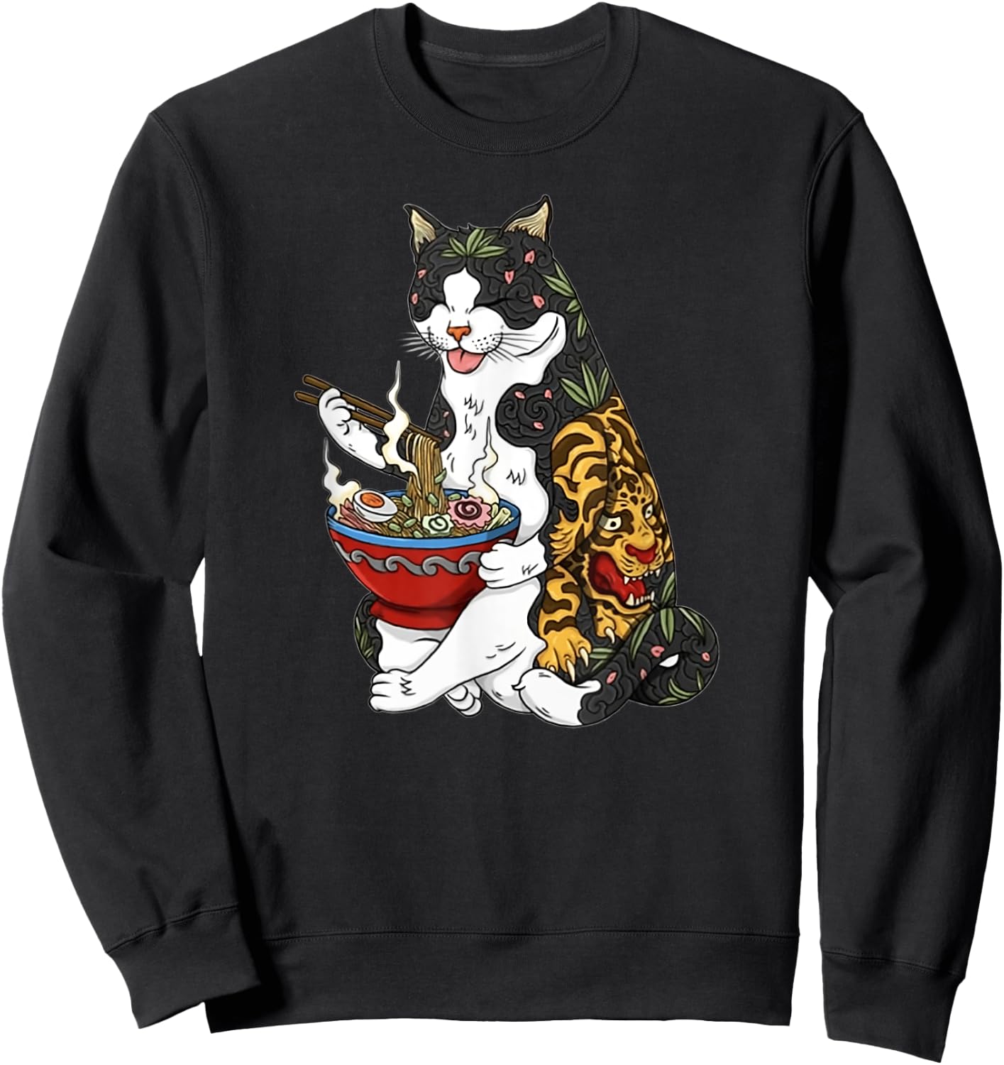 Cat eating noodle 90s retro Sweatshirt - Sweatshirt | Black