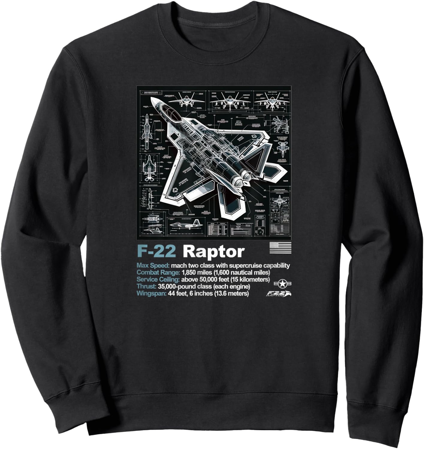 F22 Raptor Fighter Jet Blueprint Technical Drawing & Specs Sweatshirt - Sweatshirt | Black