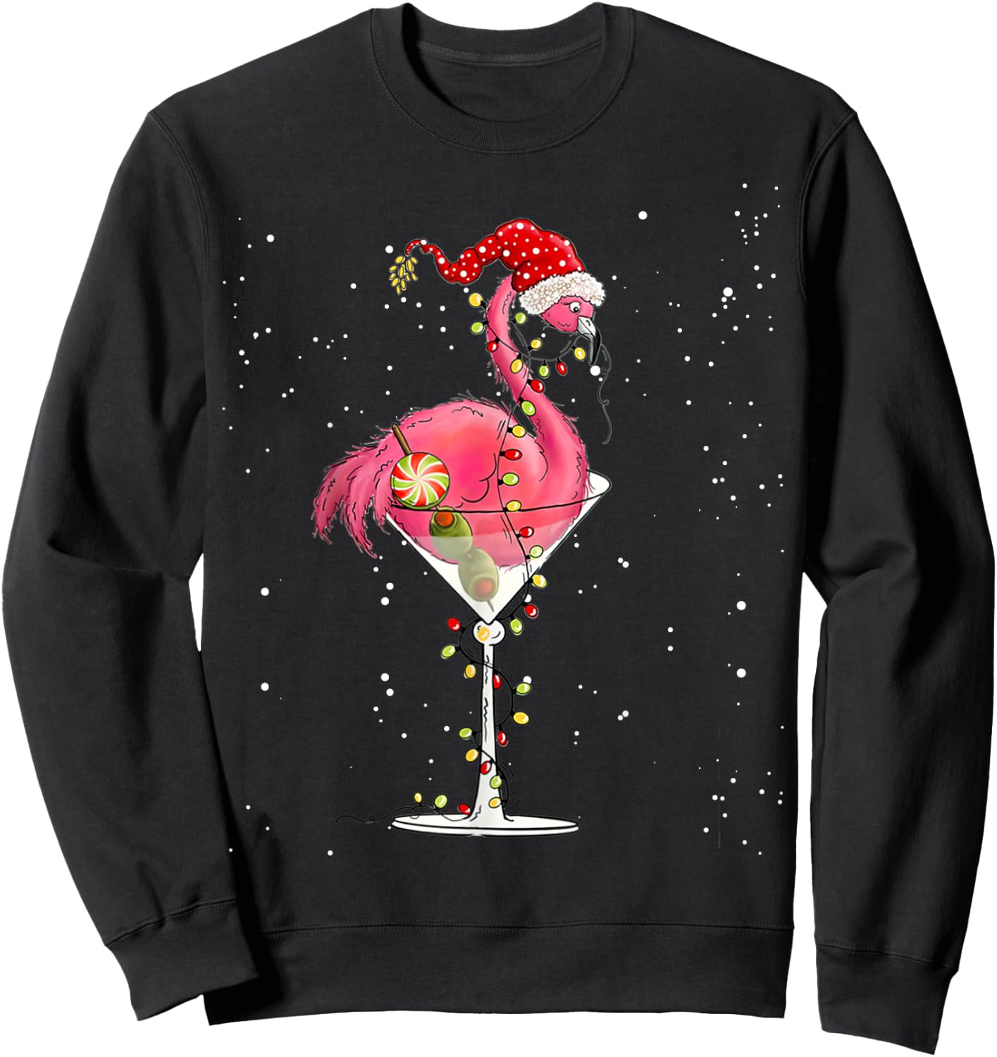 Merry Christmas Pink Flamingo Wine Drinking Lights Xmas Tree Sweatshirt - Sweatshirt | Black