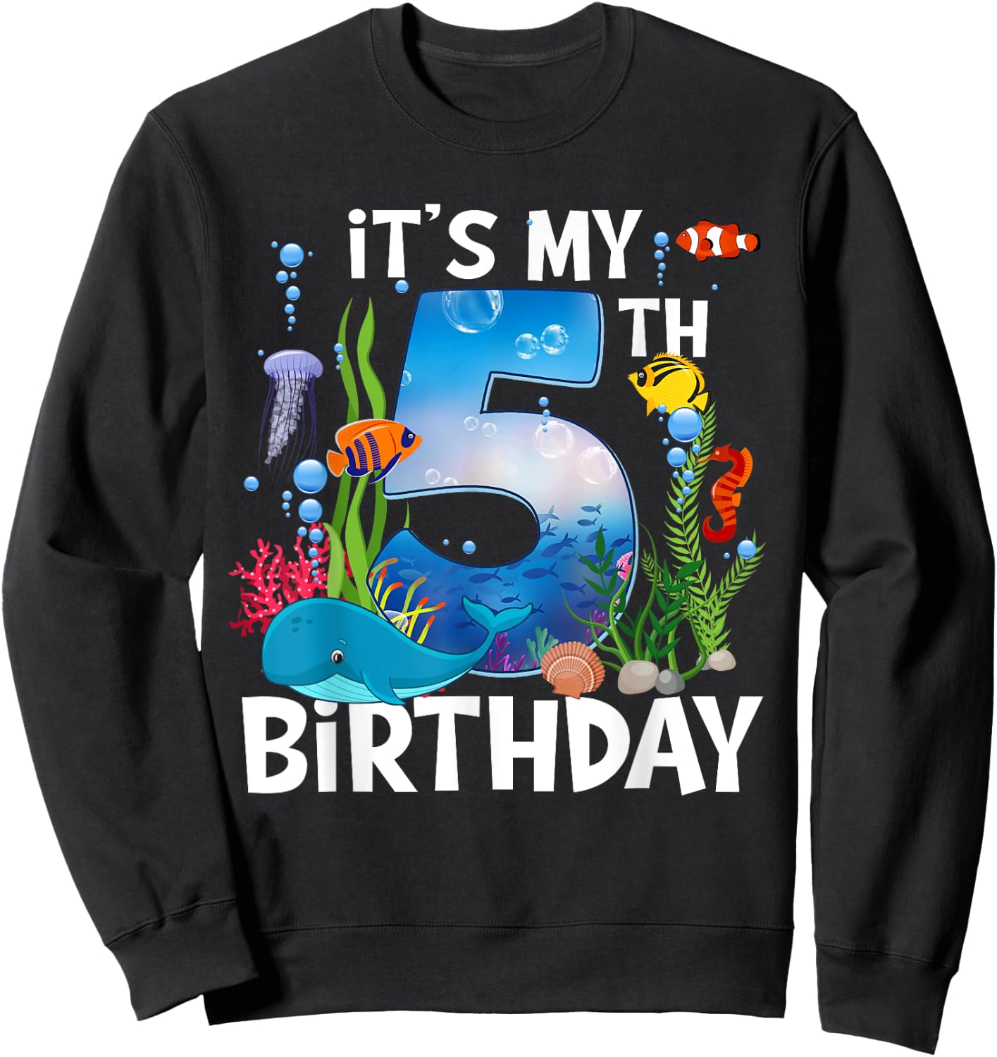 Kids 5 Year Old Ocean Life Whale Dolphin Shark 5th Birthday Sweatshirt - Sweatshirt | Black