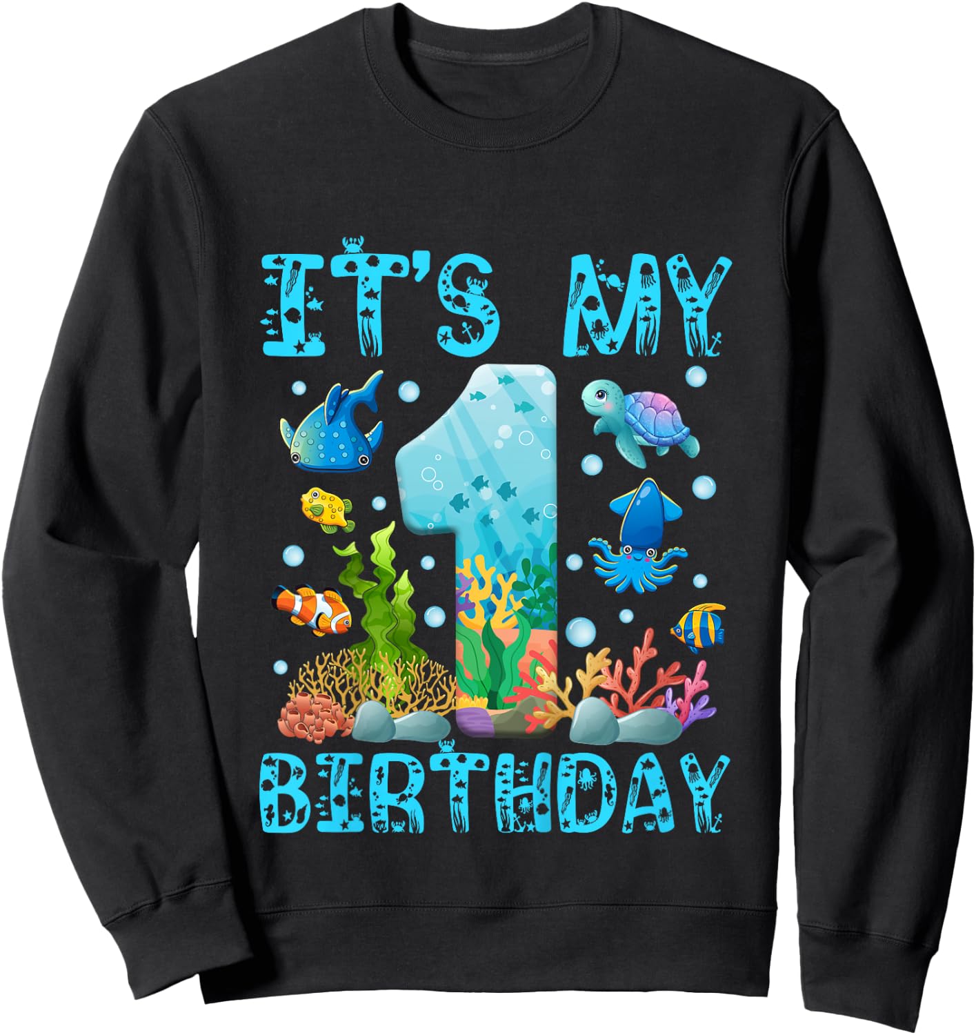 Kids It's My 1st Birthday Boy Outfit Sea Fish Ocean Animals Sweatshirt - Sweatshirt | Black