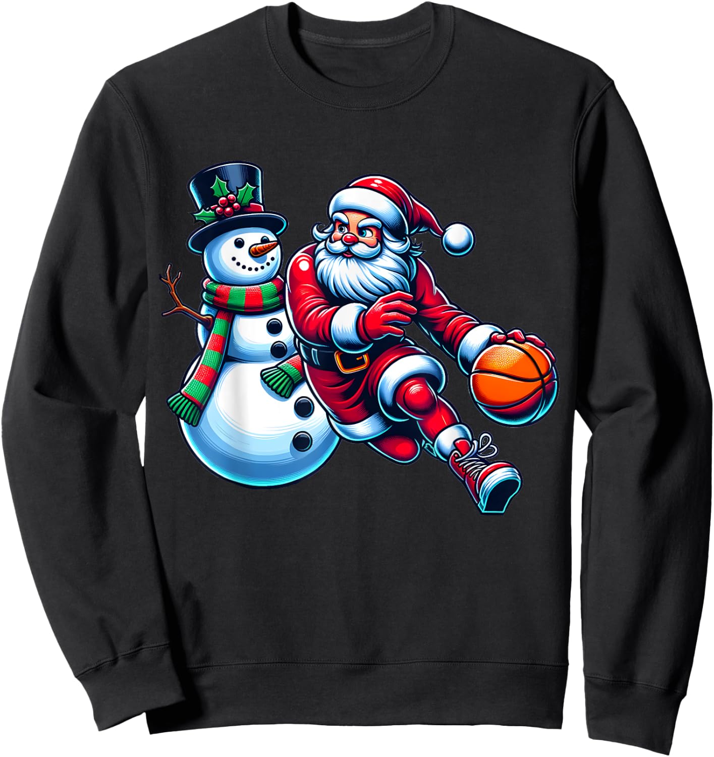 Santa Playing Basketball With A Snowman Christmas Sweatshirt - Sweatshirt | Black