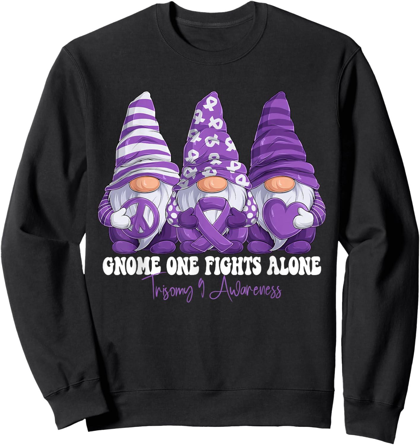 Trisomy 9 Awareness Month Purple Ribbon Gnomies Support Sweatshirt - Sweatshirt | Black