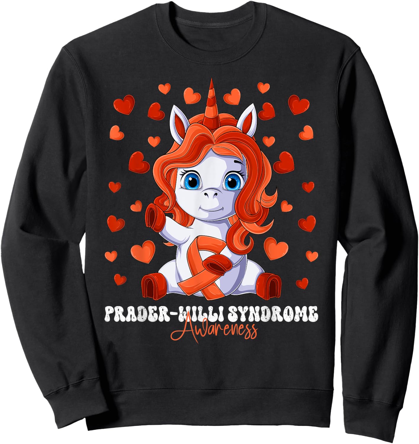 Prader-Willi Syndrome Awareness Month Orange Ribbon Unicorn Sweatshirt - Sweatshirt | Black