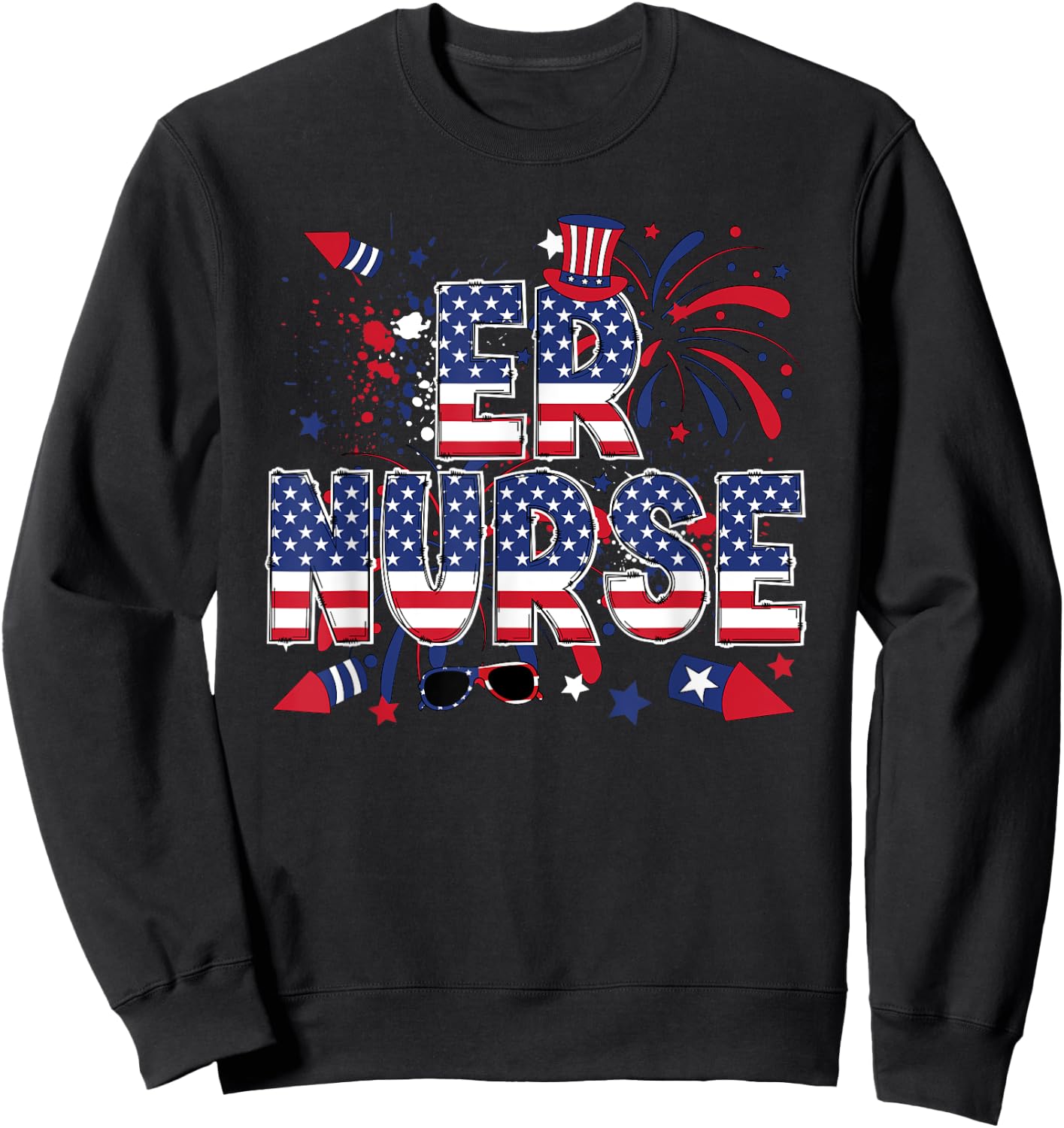 4th Of July Emergency Nurse American Flag ER Nurse Sweatshirt - Sweatshirt | Black