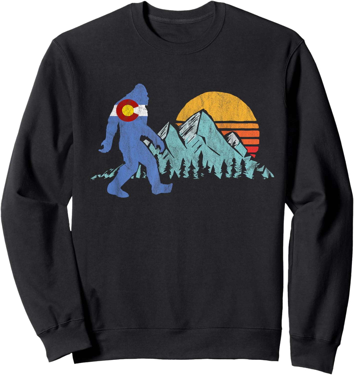 Retro Bigfoot Sun & Mountain State Flag of Colorado Graphic Sweatshirt - Sweatshirt | Black