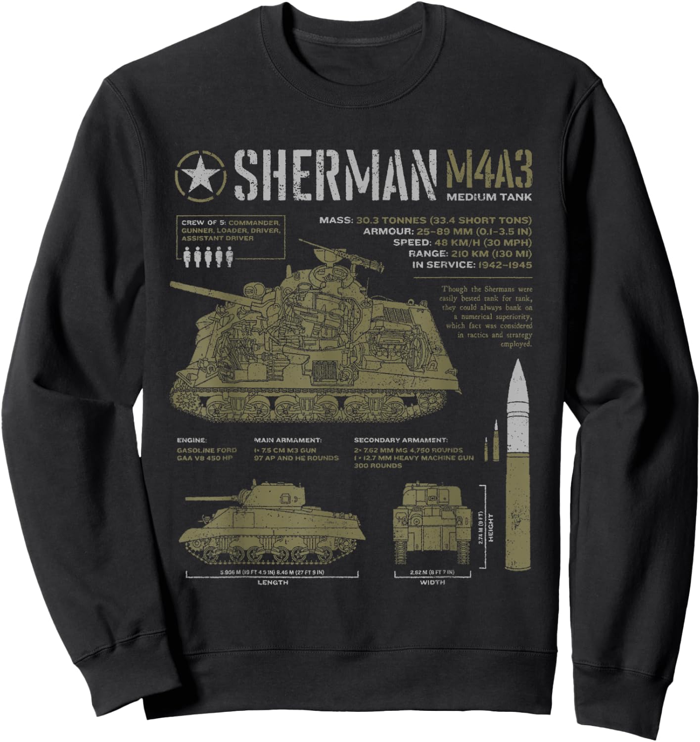Sherman Tank World War 2 Blueprint Sweatshirt - Sweatshirt | Black