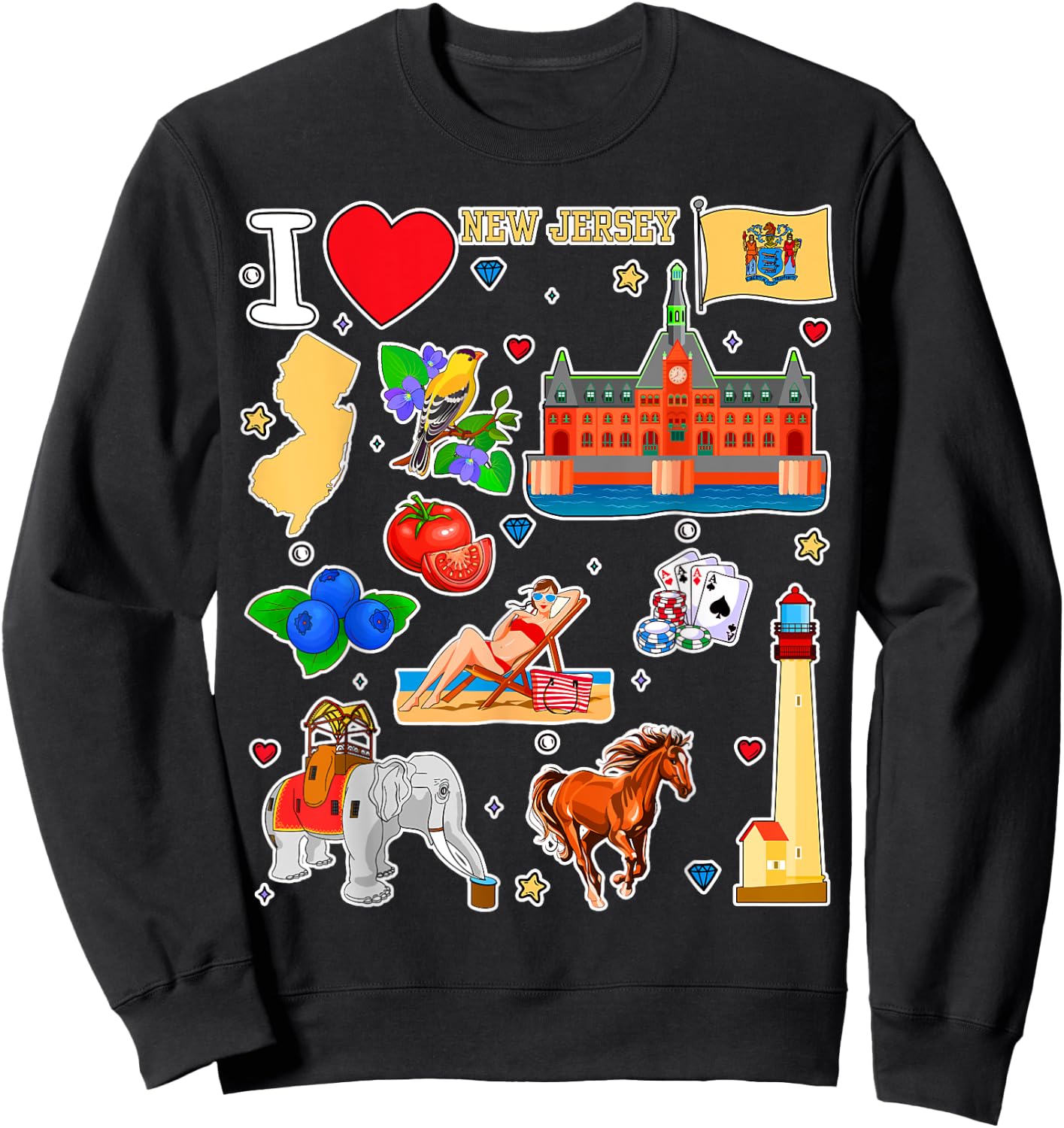 New Jersey map, hand drawn State Symbols and icons Sweatshirt - Sweatshirt | Black