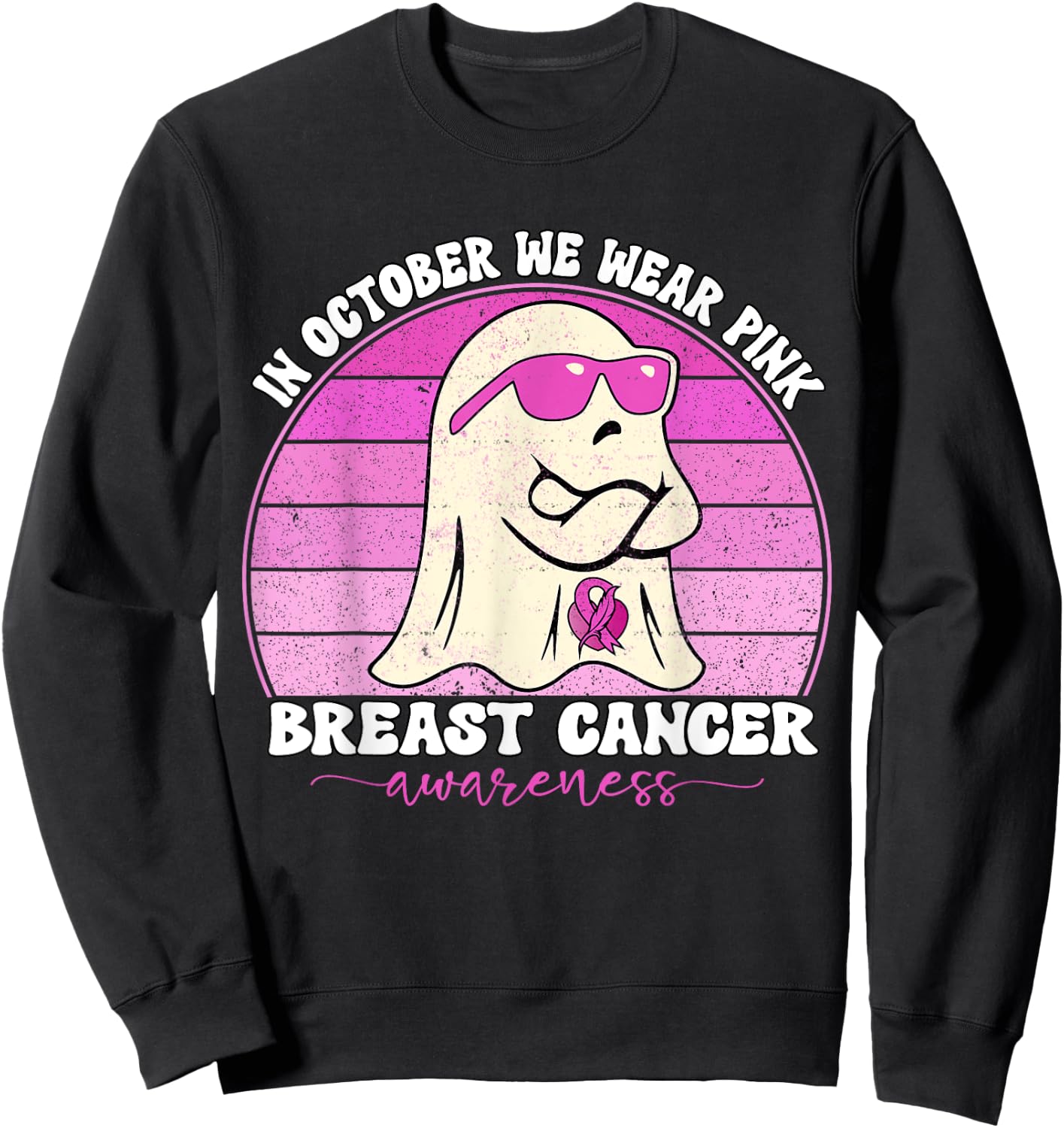 Groovy Breast Cancer Awareness We Wear Pink Ribbon Ghost Sweatshirt - Sweatshirt | Black
