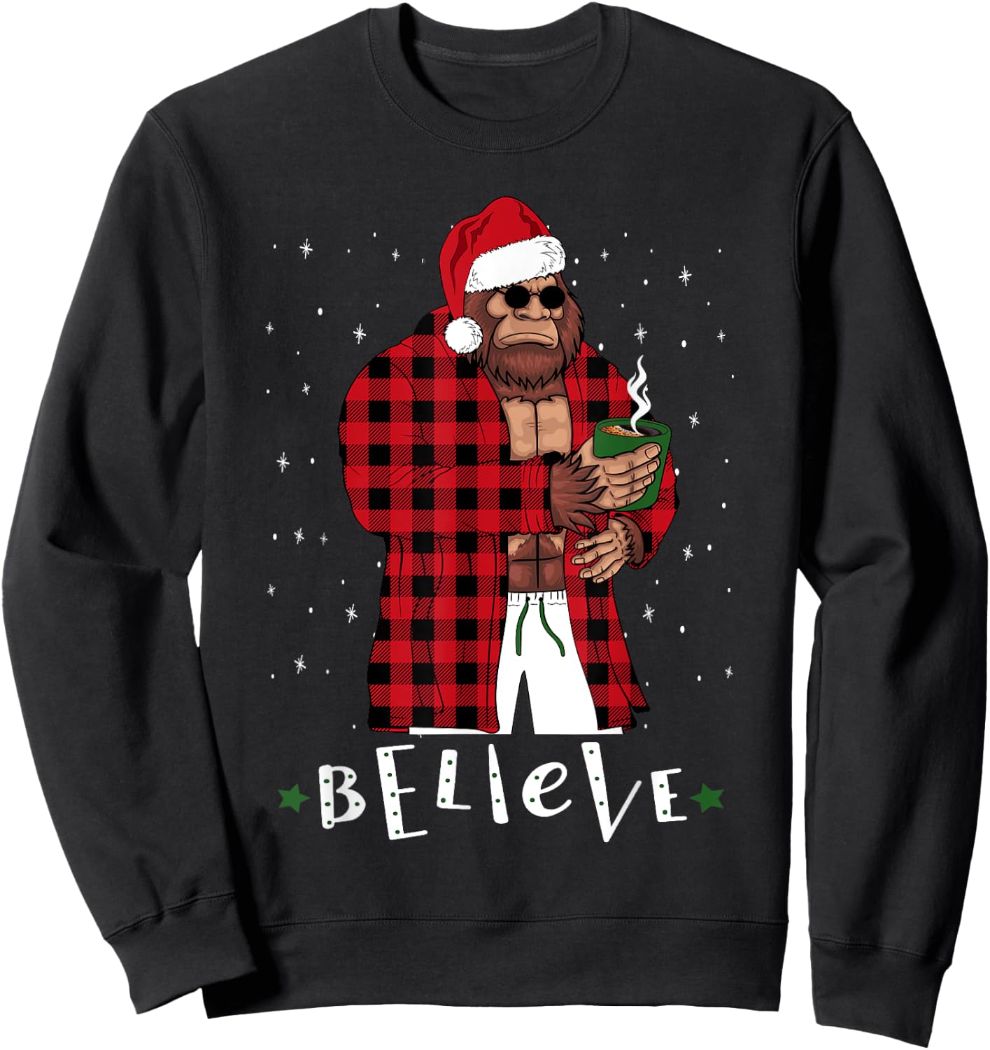 Bigfoot Christmas Buffalo Plaid Sasquatch Coffee Drinker Sweatshirt - Sweatshirt | Black