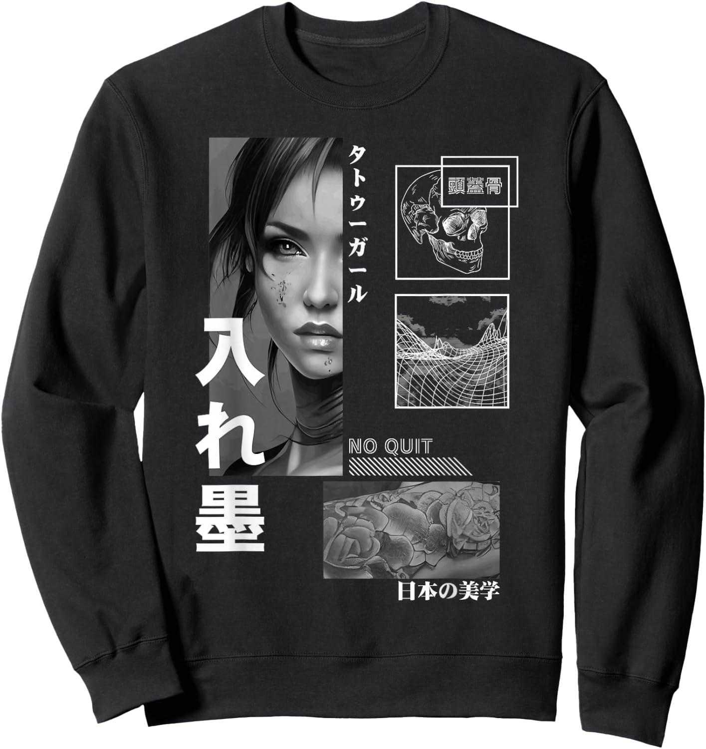 Japanese Aesthetic Girl Flower Tattoo Tokyo Streetwear Sweatshirt - Sweatshirt | Black