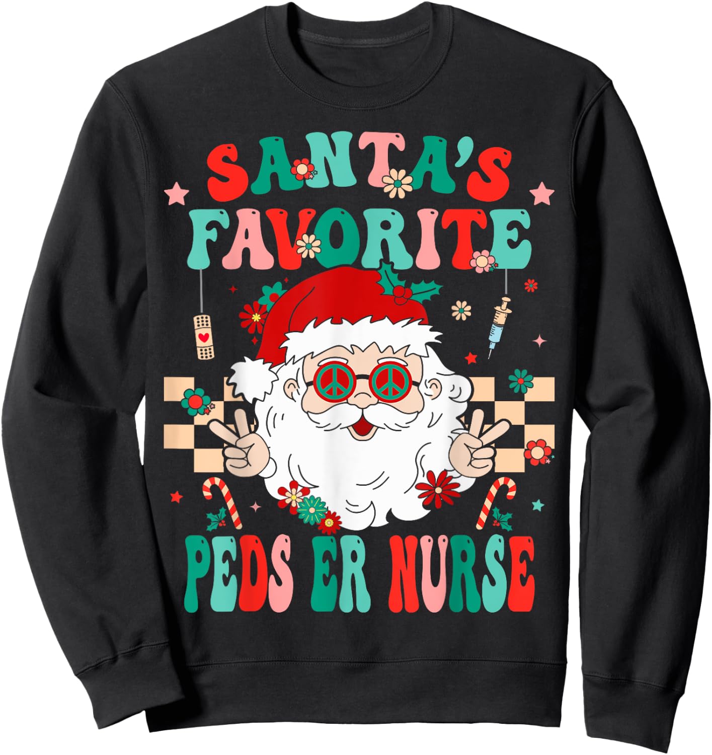 Santa Favorite Peds ER Nurse Retro Groovy Nurse Christmas Sweatshirt - Sweatshirt | Black