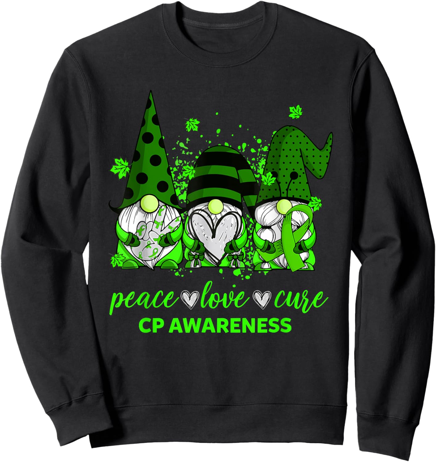 Peace Love Cure Three Gnomes Cerebral Palsy CP Awareness Sweatshirt - Sweatshirt | Black