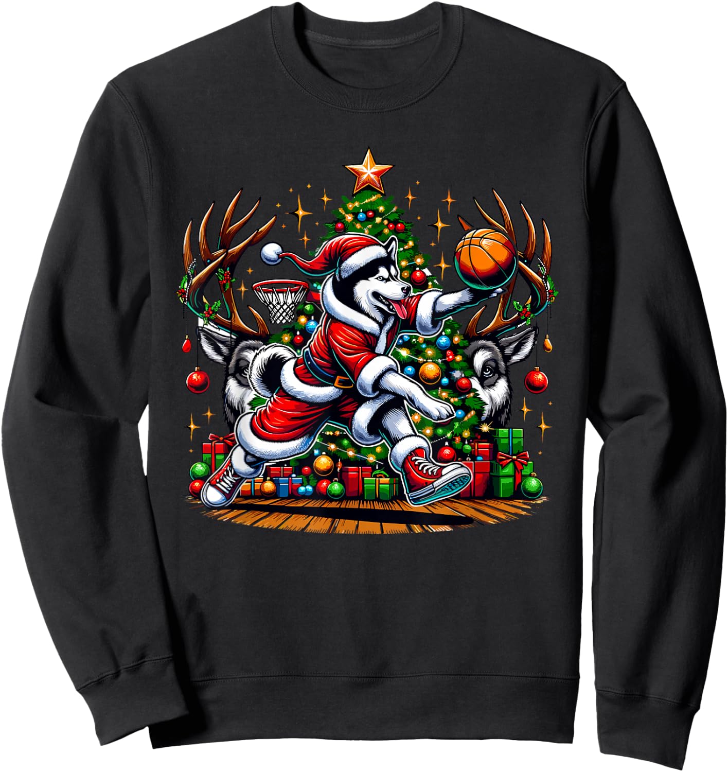 Funny Santa Siberian Husky Dog Play Basketball Christmas Sweatshirt - Sweatshirt | Black
