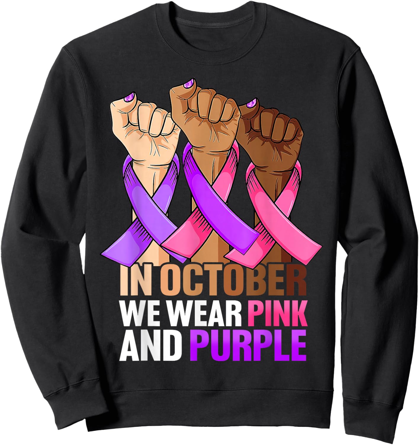 Breast Cancer Domestic Violence Awareness Pink Purple Ribbon Sweatshirt - Sweatshirt | Black