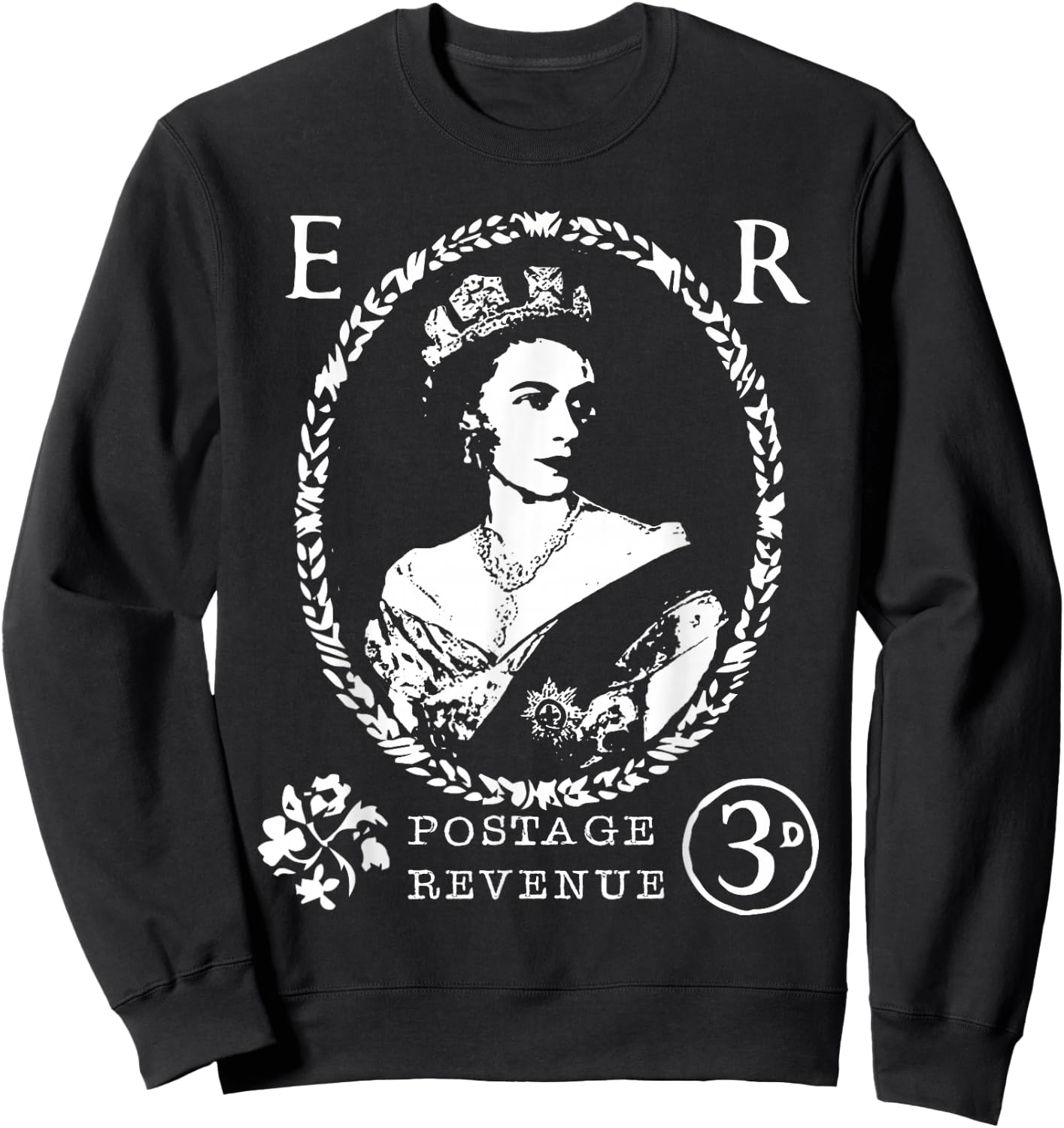 Queen Elizabeth II ER Crown UK Britain Monarch Distressed Sweatshirt - Sweatshirt | Black