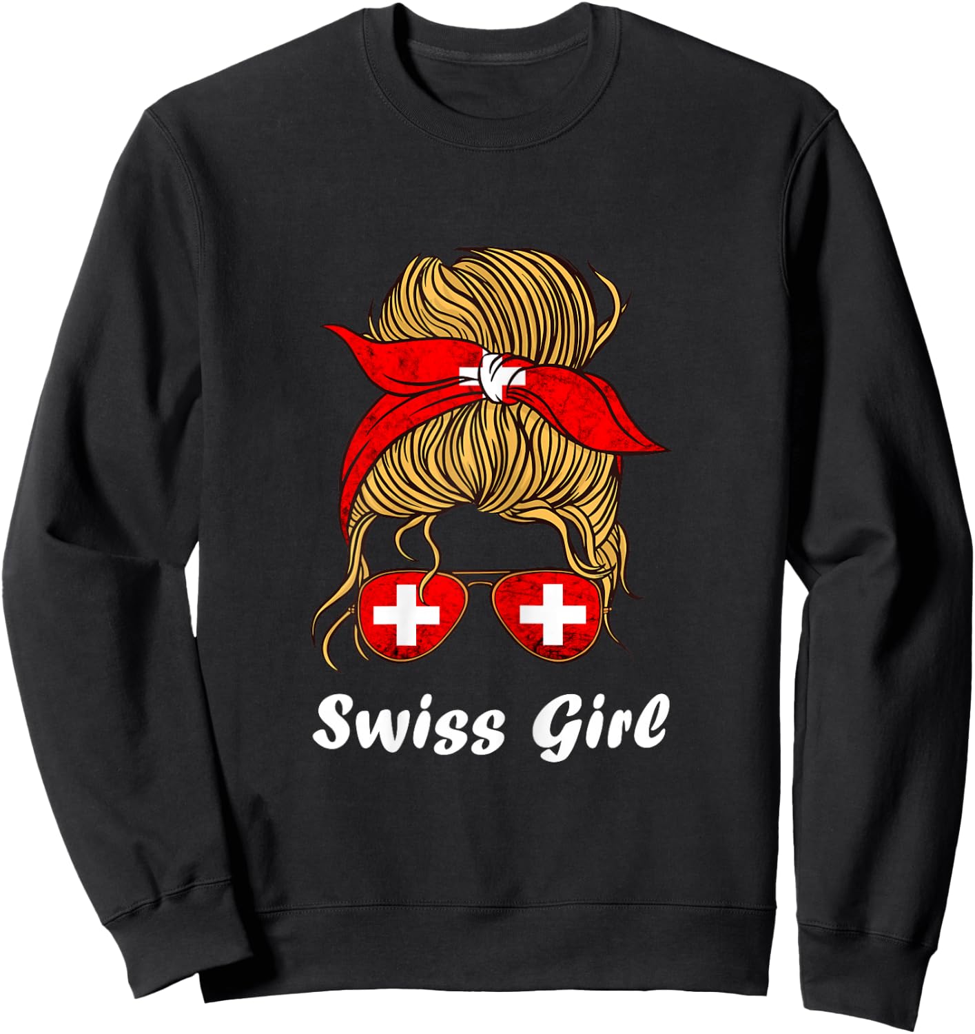 Swiss Girl Woman Sunglass Swiss Pride Swiss Flag Switzerland Sweatshirt - Sweatshirt | Black