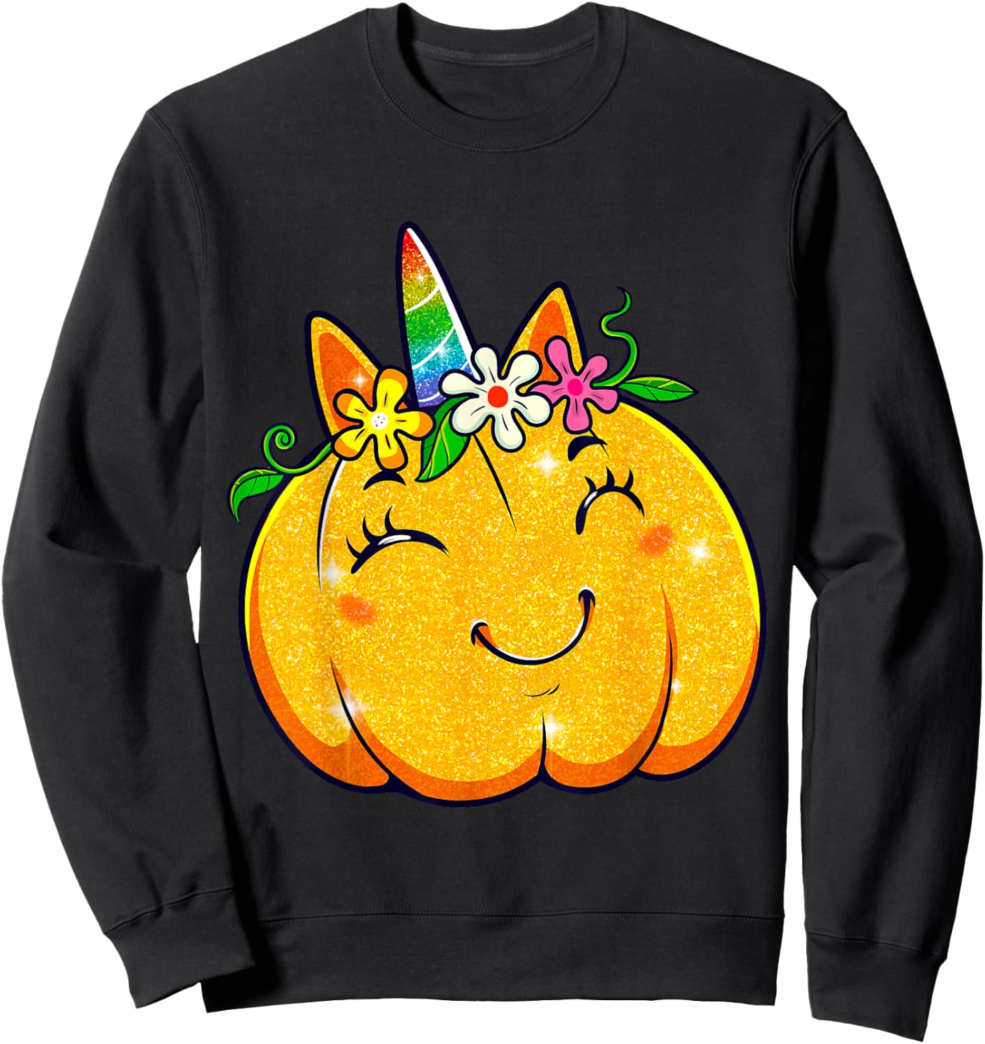 Unicorn Pumpkin Halloween Girl Cute Thanksgiving Girls Sweatshirt - Sweatshirt | Black