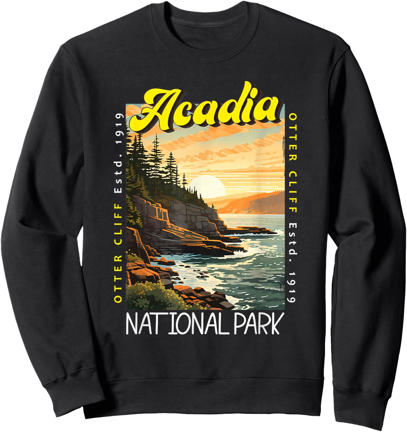 Acadia National Park Otter Cliff Maine Distressed Vintage Sweatshirt - Sweatshirt | Black