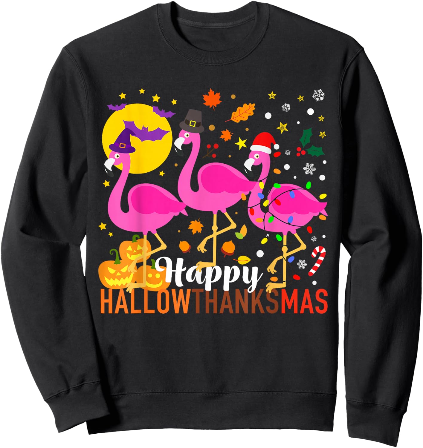 Flamingo Halloween Thanksgiving Christmas HallowThanksMas Sweatshirt - Sweatshirt | Black