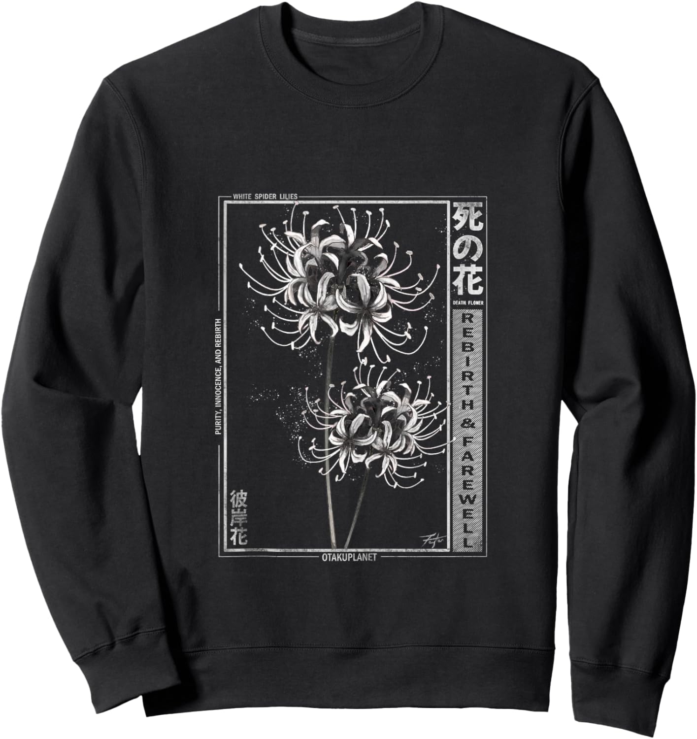 White Spider Lily in Japanese Grunge Anime Floral Aesthetic Sweatshirt - Sweatshirt | Black
