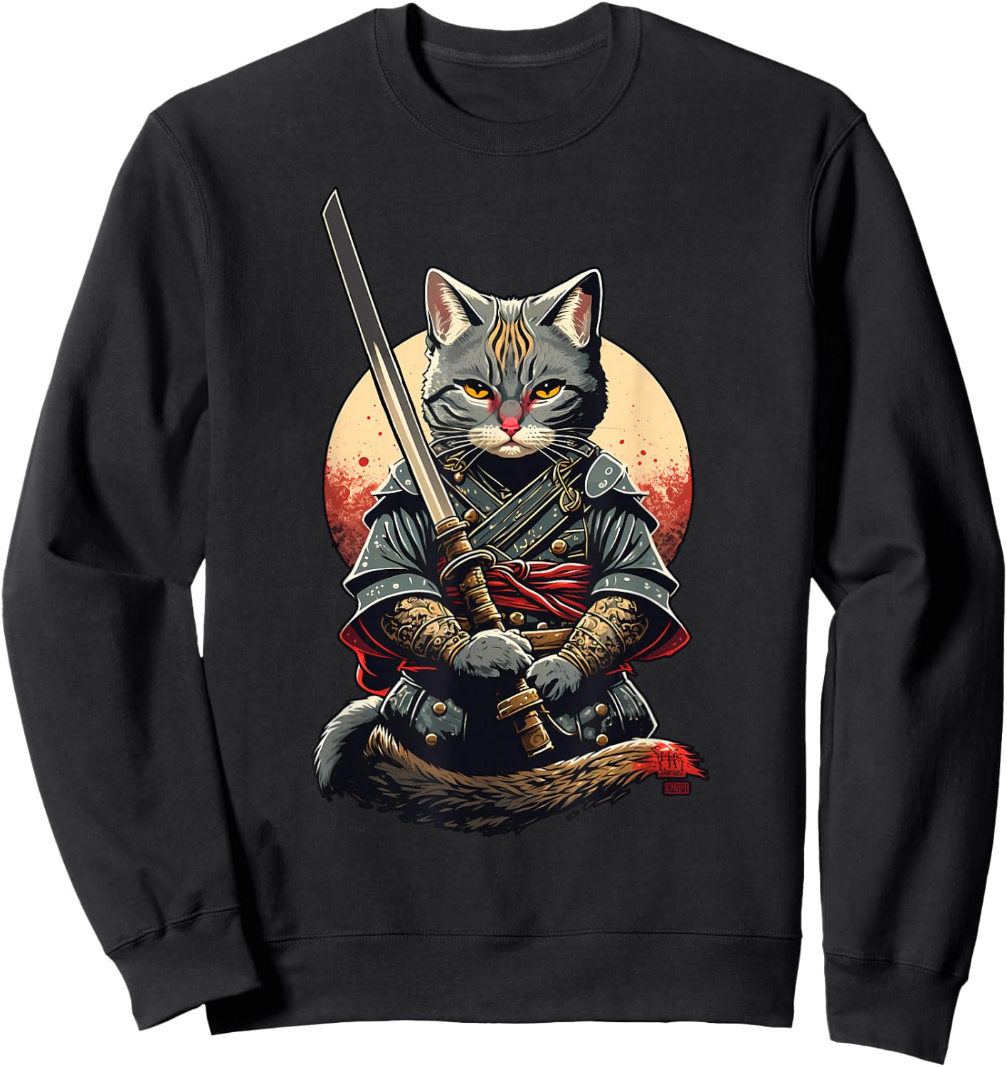 Retro Japanese Warrior Katana Ninja Cat, Samurai Kitten Sweatshirt - Sweatshirt | Black