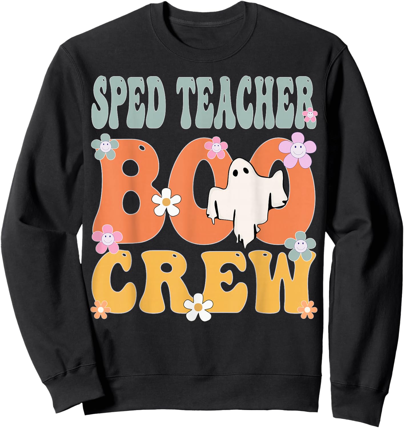 Sped Teacher Boo Crew Ghost Retro Groovy Halloween Sweatshirt - Sweatshirt | Black