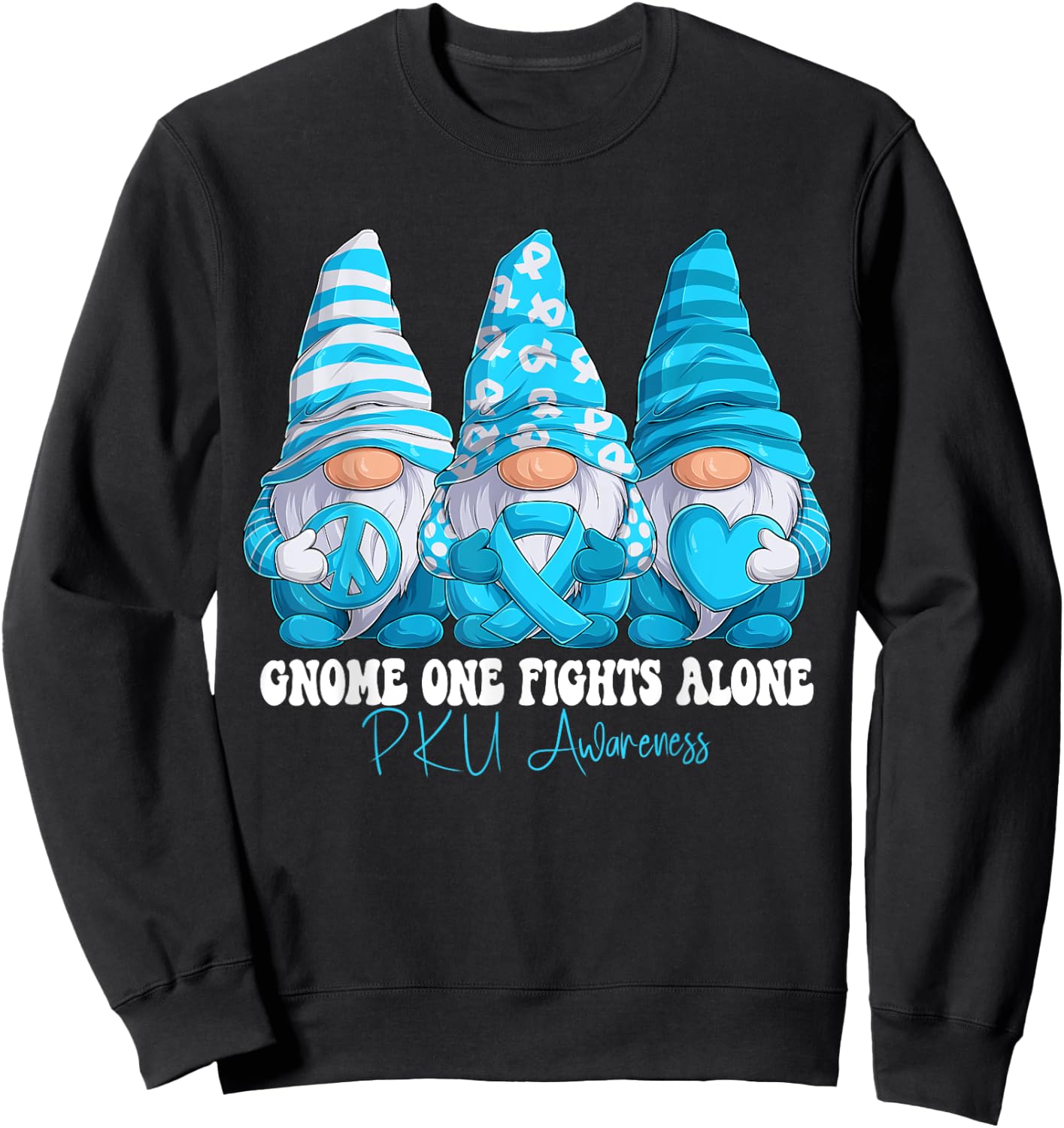 PKU Awareness Month Light Blue Ribbon Gnomies Support Sweatshirt - Sweatshirt | Black