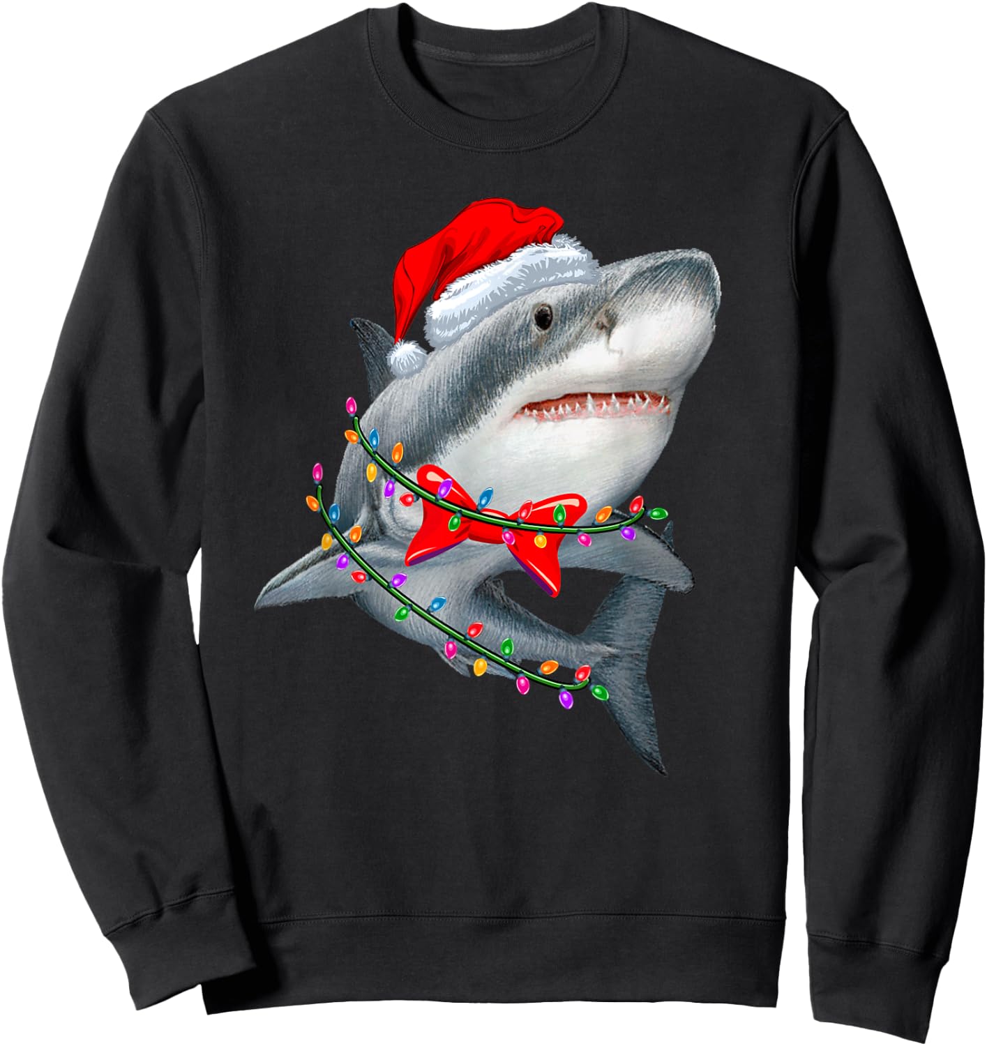 Christmas Lights Shark Wearing Xmas Hat - Cute Shark Lover Sweatshirt - Sweatshirt | Black