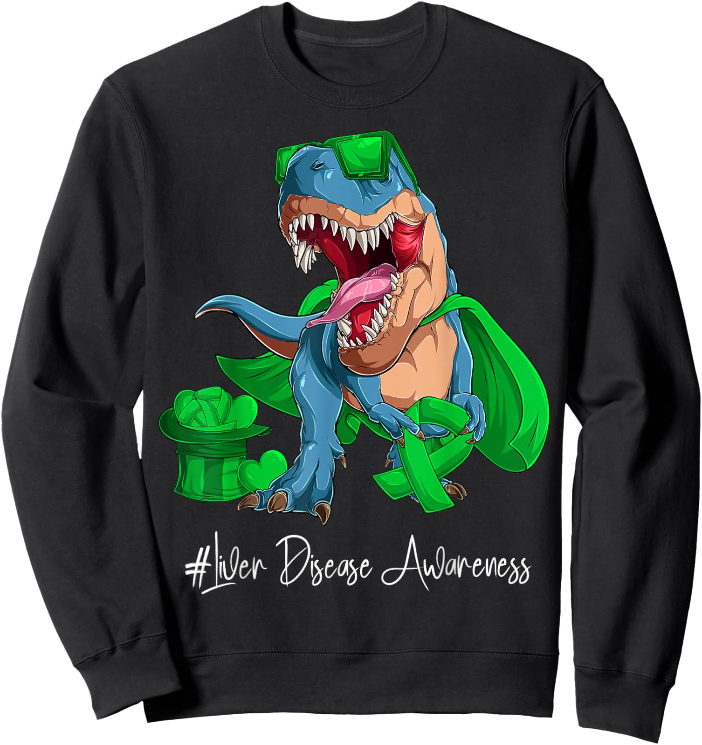 Liver Disease Awareness Month Green Ribbon Trex Sweatshirt - Sweatshirt | Black
