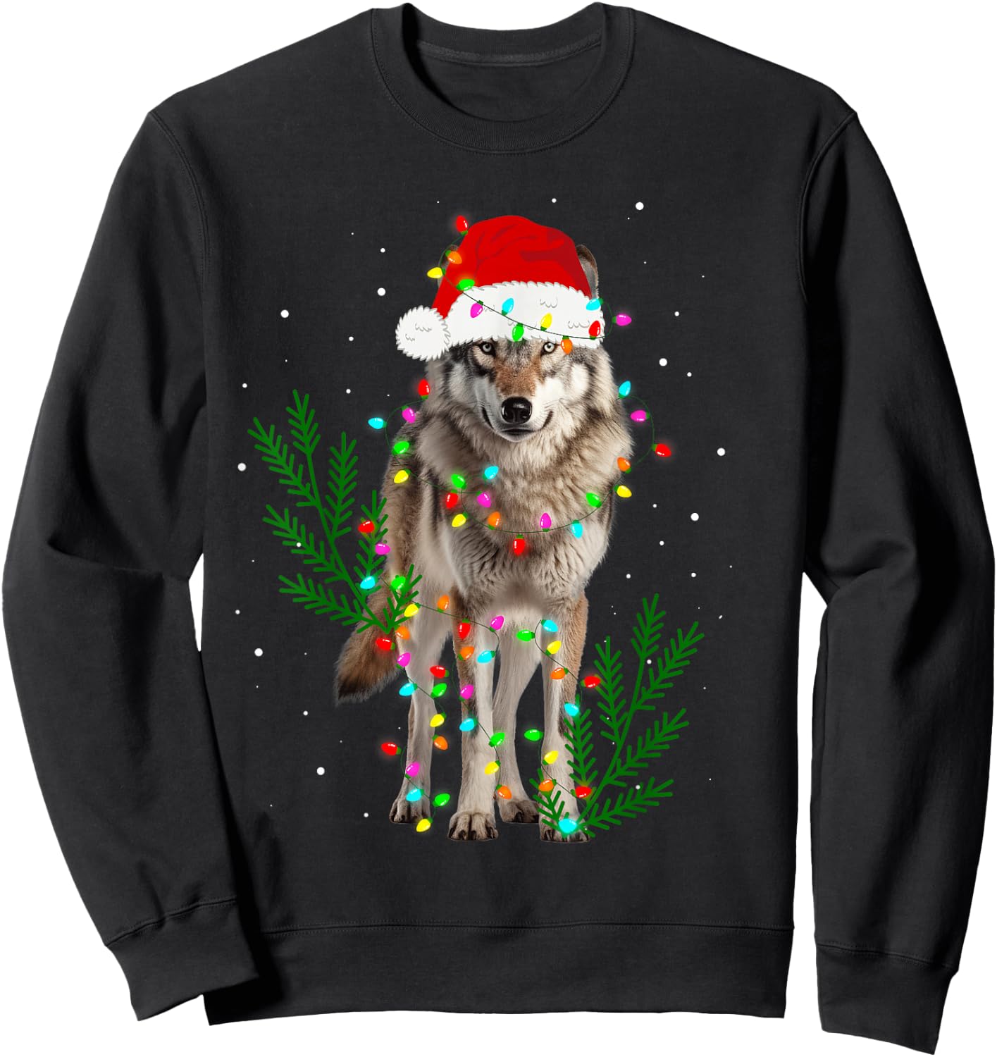 Wolf Santa Hat Christmas Lights Wolf Lover Animal Xmas Sweatshirt - Sweatshirt | Black