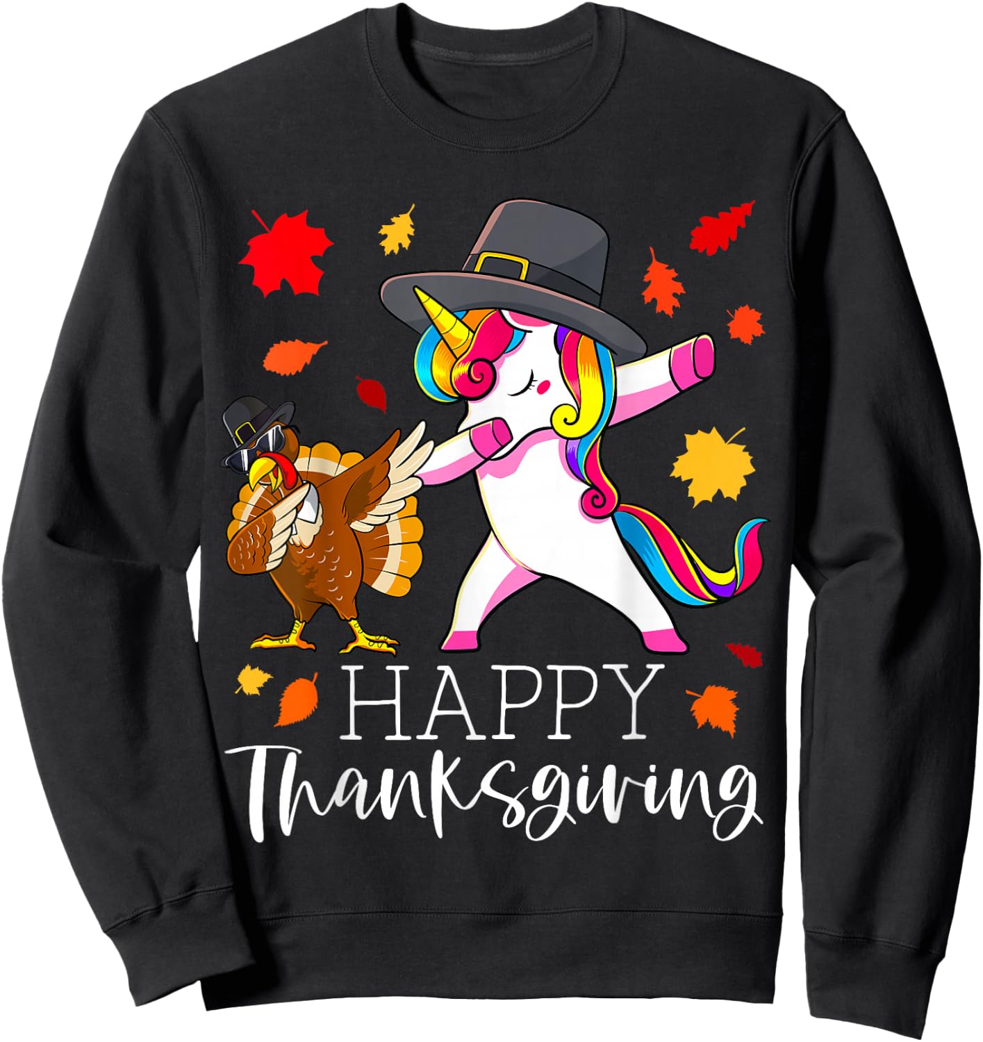 Thanksgiving Unicorn Girls Cute Dabbing Turkey Pilgrim Girl Sweatshirt - Sweatshirt | Black