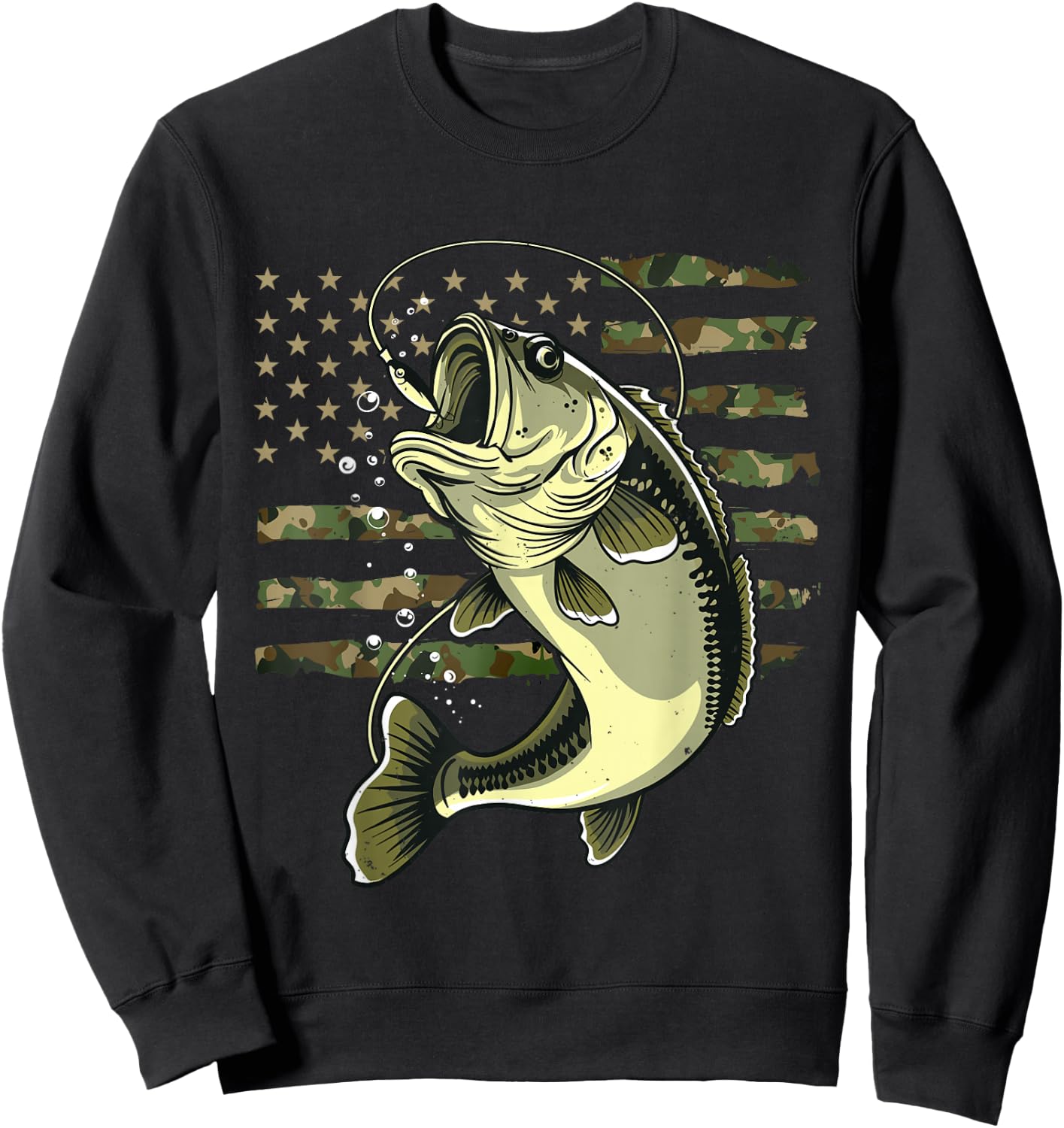 Bass Fish Fishing USA American Flag Camouflage Fisherman Sweatshirt - Sweatshirt | Black