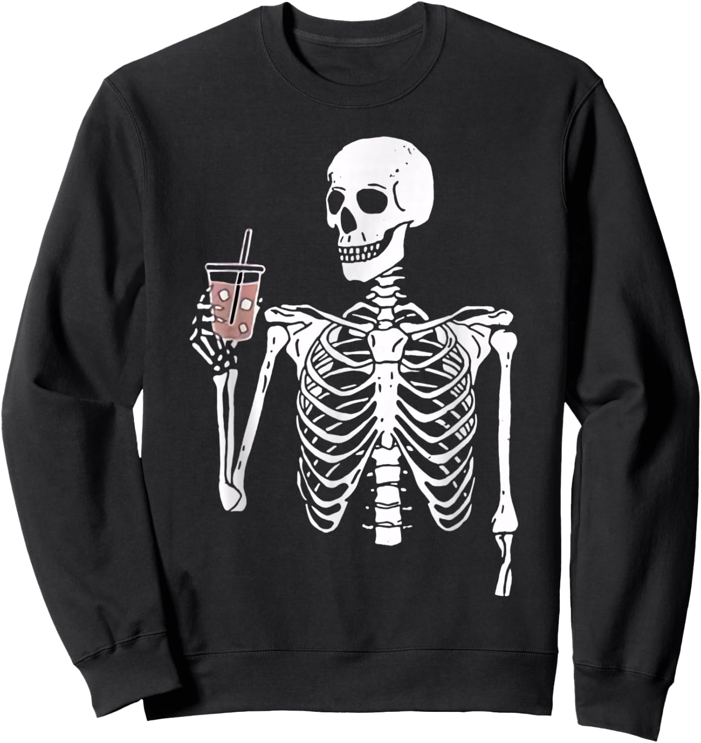 Iced Coffee Skeleton Drinking Funny Halloween Skull Sweatshirt - Sweatshirt | Black