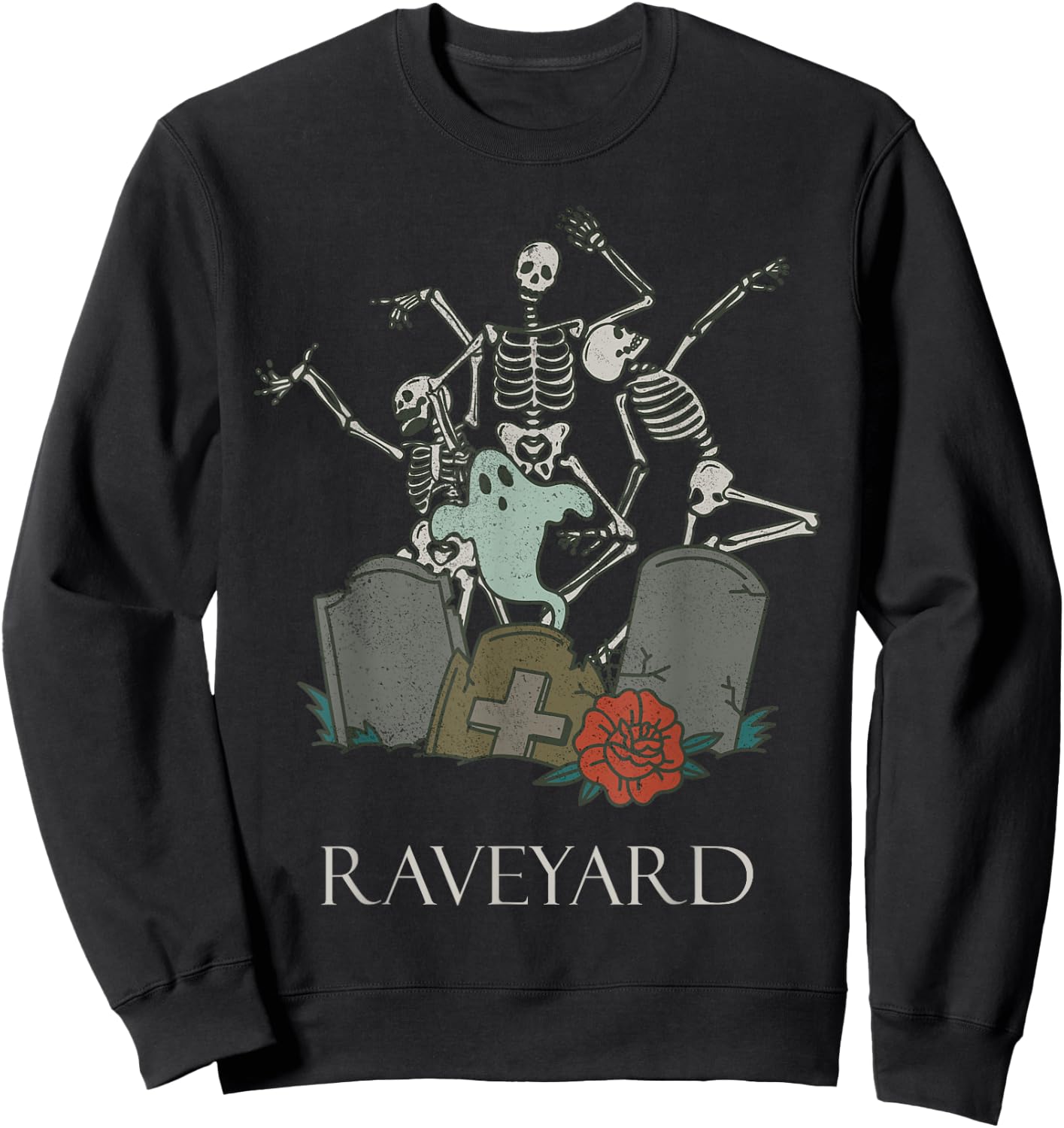 Funny Skeleton Rave Heavy Metal Goth Raveyard Halloween Sweatshirt - Sweatshirt | Black
