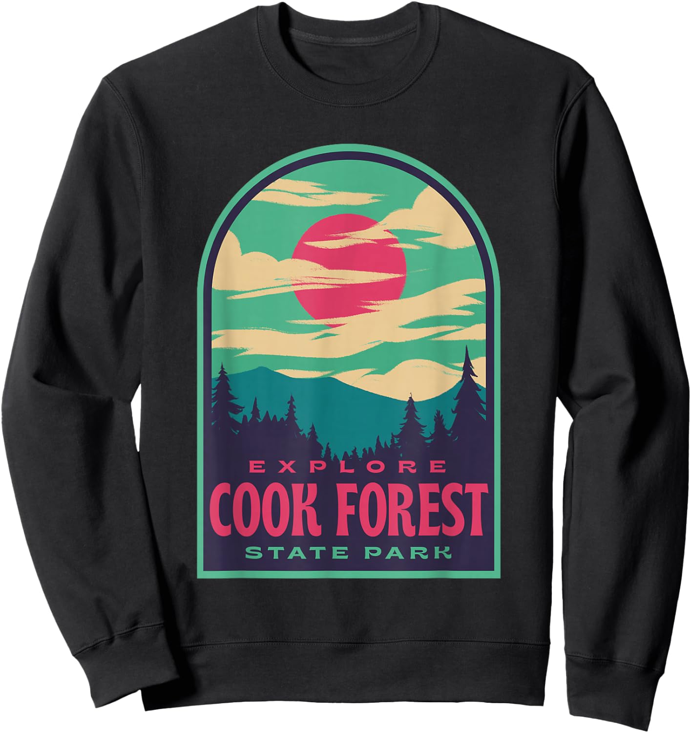 Cook Forest State Park Retro Sunset Sweatshirt - Sweatshirt | Black