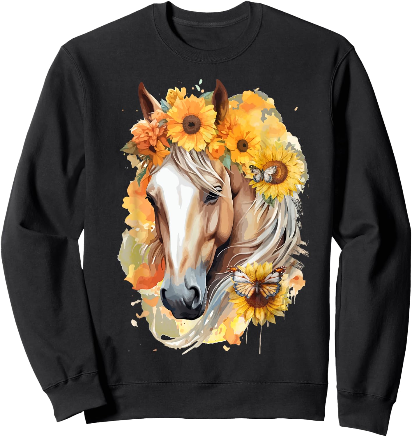 Sunflower Horse Portrait Boho Equestrian Horseback Riding Sweatshirt - Sweatshirt | Black