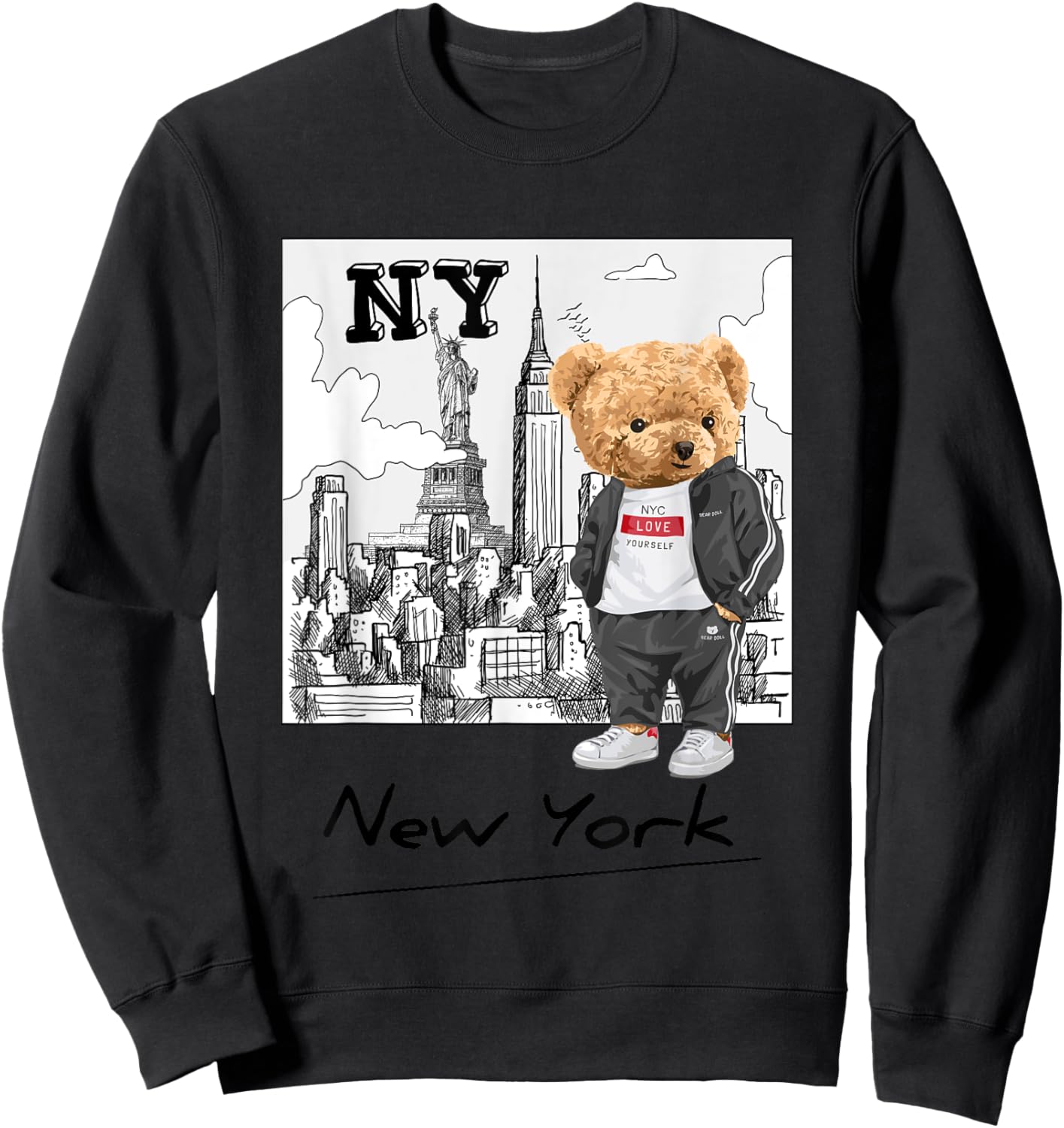 Bahaa's -Kids Graphic Black Small Classic Fit Short Sleeve Summer Graphic Teddy Bear NYC Design Sweatshirt - Sweatshirt | Black