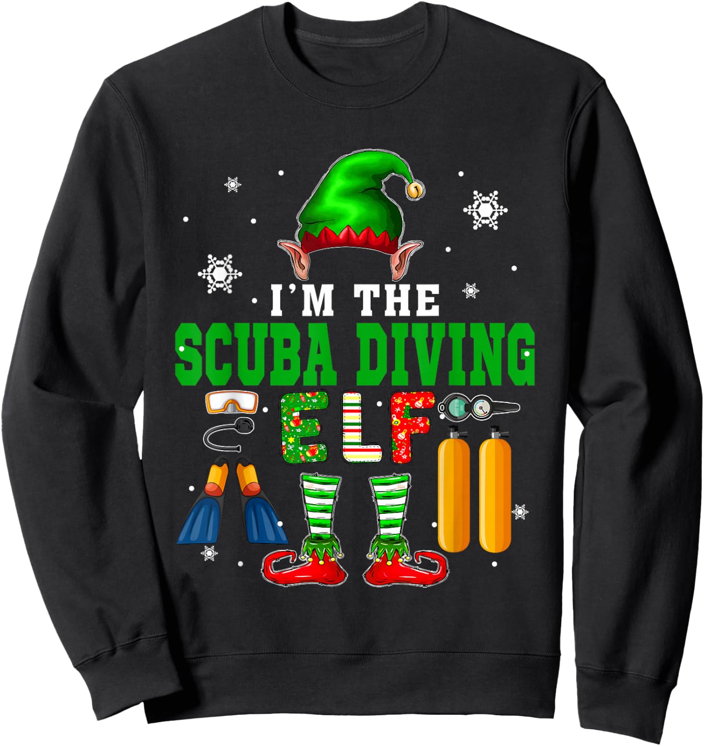 I'm The Scuba Diving Elf Christmas Elf Shoes Hat Costume Sweatshirt - Sweatshirt | Black