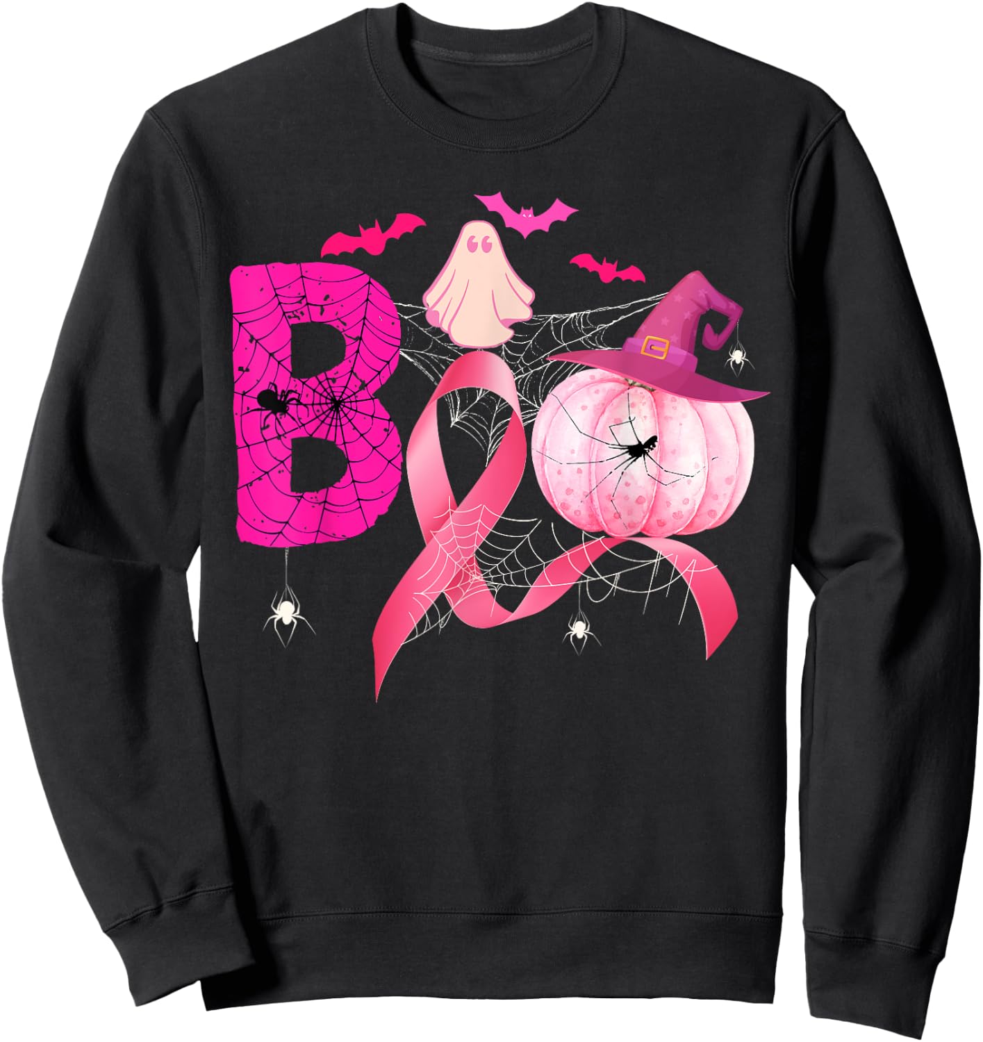 Funny Boo Pumpkin Witch Pink Ribbon Breast Cancer Halloween Sweatshirt - Sweatshirt | Black