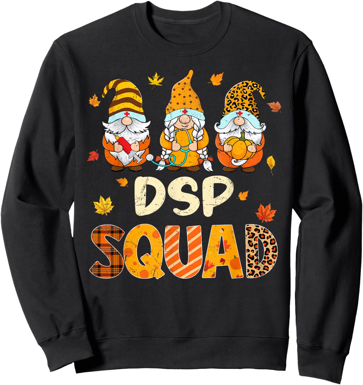 DSP Squad Gnome Nurse Leopard Thanksgiving Fall Stethoscope Sweatshirt - Sweatshirt | Black