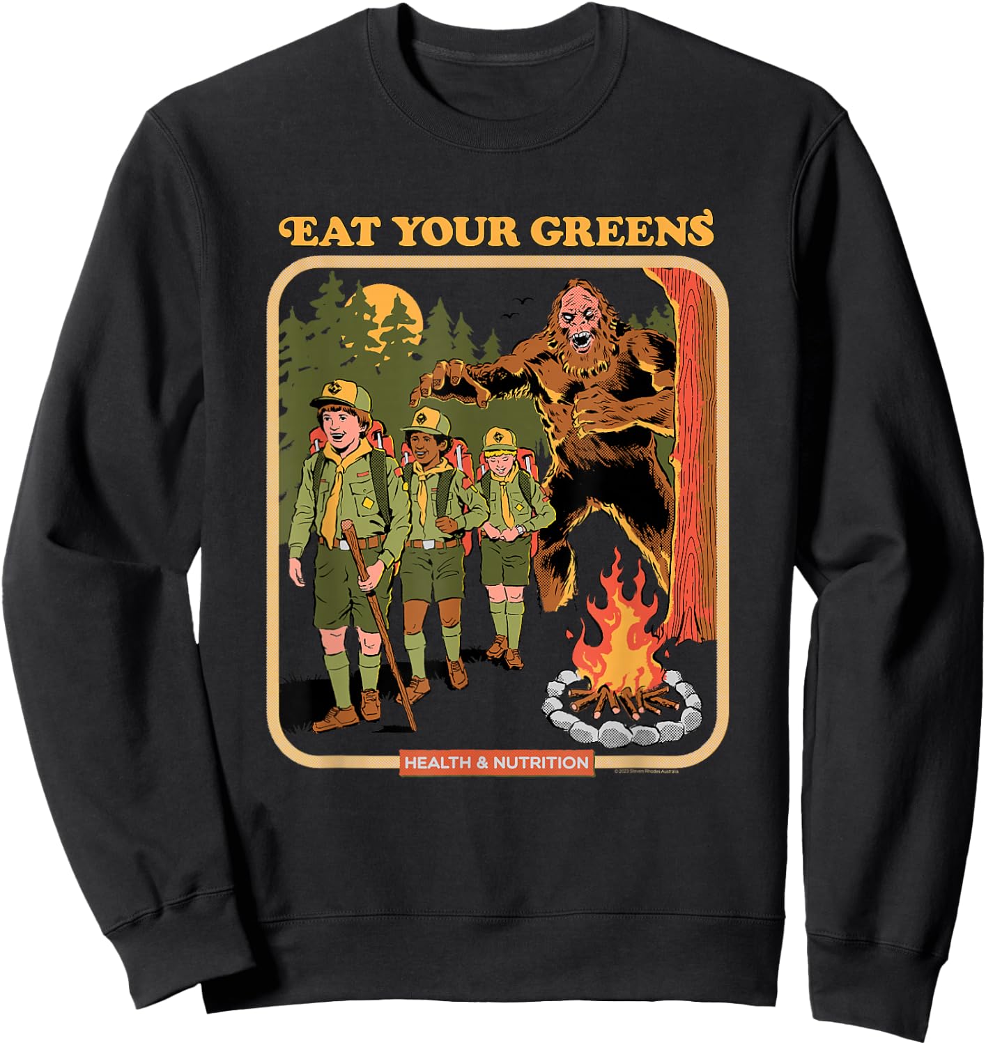 Steven Rhodes Eat Your Greens Bigfoot Retro Dark Humor Sweatshirt - Sweatshirt | Black