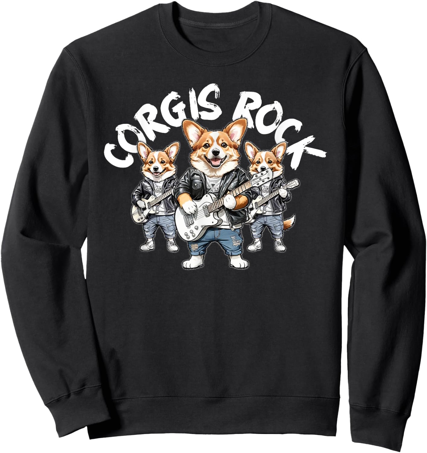 Corgis Rock Cute Cool Corgi Trio Rocking Out Playing Guitar Sweatshirt - Sweatshirt | Black