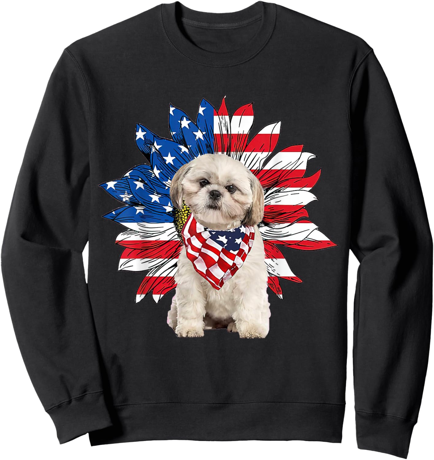 Shih Tzu American Flag Sunflower Dog Lovers 4th Of July Sweatshirt - Sweatshirt | Black