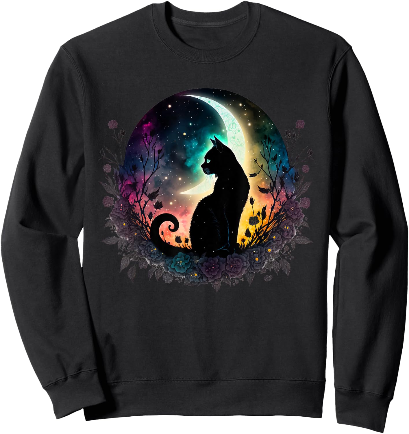 Celestial Cat Moon Botanical Witchy Colorful Spiritual Cats Sweatshirt - Sweatshirt | Black
