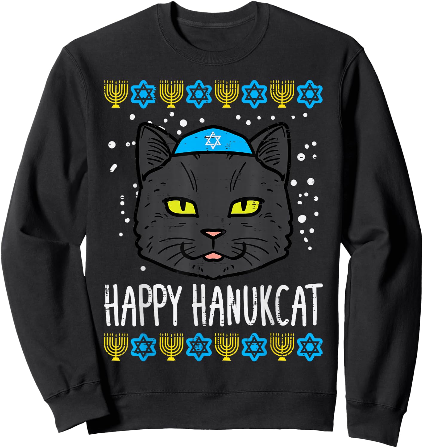Happy Hanukcat Cat Ugly Hanukkah Chanukah Jew Men Women Kids Sweatshirt - Sweatshirt | Black
