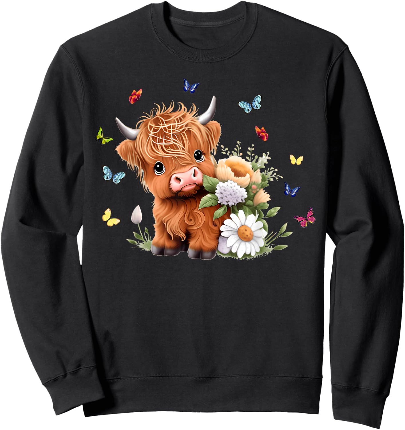 Cute Baby Highland Cow with Flowers Calf Animal Spring Sweatshirt - Sweatshirt | Black