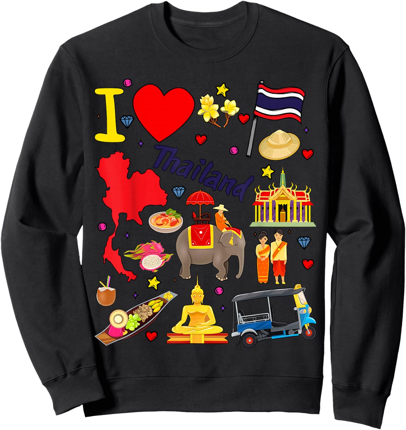 I love Thailand. Hand drawn Thai Landmarks, flag and map Sweatshirt - Sweatshirt | Black