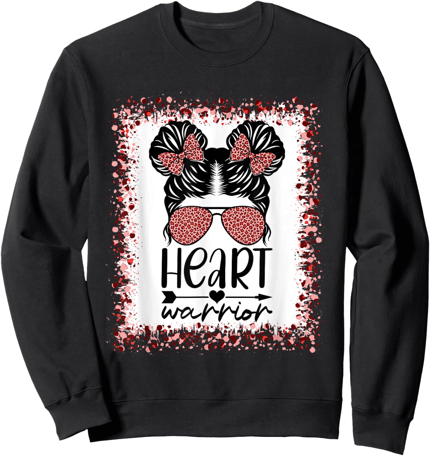 Heart Warrior Messy Bun Leopard Heart Disease Awareness Sweatshirt - Sweatshirt | Black