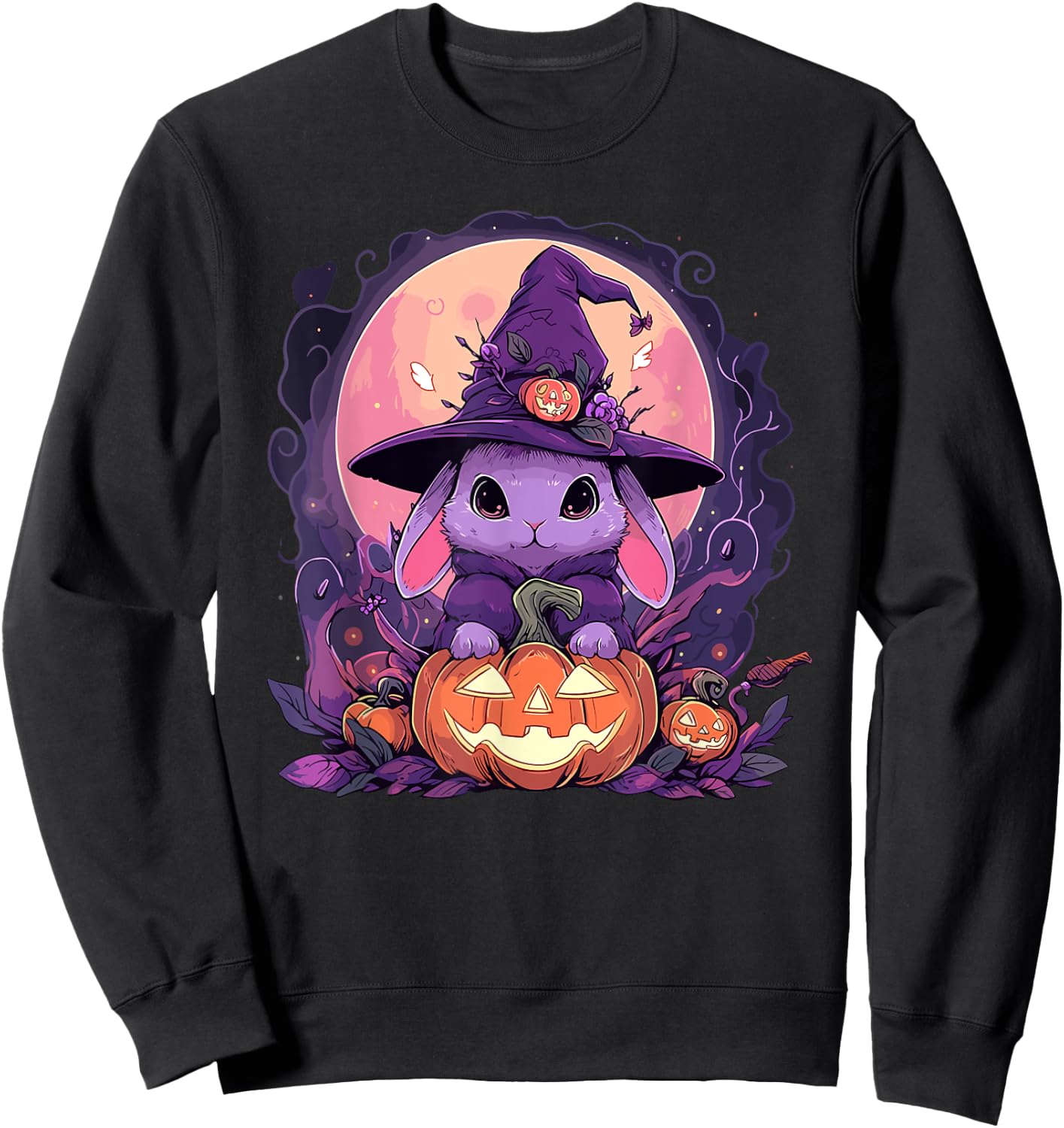 Halloween Cute Bunny Rabbit Witch Hat Jack o Lantern Graphic Sweatshirt - Sweatshirt | Black